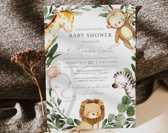 Könnte beinhalten: Eine weiße Babyparty-Einladung mit grünem Laub und Aquarell-Illustrationen einer Giraffe, eines Affen, eines Elefanten, eines Zebras und eines Löwen. Der Text lautet: "Bitte nehmen Sie an unserer Babyparty zu Ehren von Katherine Smith teil, am 20. September, von 15:00 bis 17:00 Uhr, The Woods Residence, 144 N County Rd, FL33480, RSVP bis zum 15. September, Amanda 360.965.9870, Katherine ist bei Target und Amazon registriert."