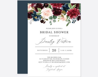 Burgundy Navy Bridal Shower Invitation, Bridal Shower Invitation, Bridal Shower Invite, Floral Invitation, Instant Download, Templett - BR4