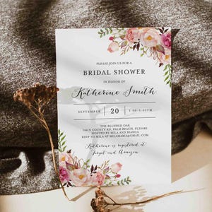 Roze bloemen bruids douche uitnodiging, uitnodiging vrijgezellenfeest, bruids douche uitnodigen, bloemen uitnodiging, instant download, Templett - BR1