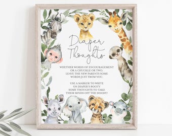 Może przedstawiać: Drukowana tablica z motywem zwierząt dżungli na baby shower. Tablica zawiera napis "Myśli o pieluszkach" i instrukcje dla gości, aby pisali wiadomości na pieluszkach.