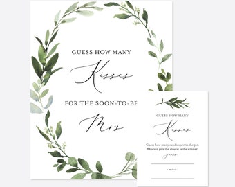 Greenery Bridal Shower Guess How Many Kisses Game, Eucalyptus How Many Kisses For The-Soon-To-Be Mrs Game, Instant Download, Templett - BR23