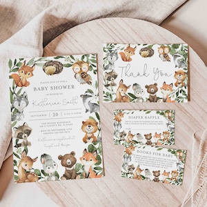 Woodland Baby Shower Invitation Suite, Woodland Baby Shower Invitation Set, Baby Shower Invitation Bundle, Instant Download, Templett - BB27