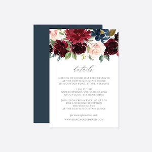 Burgund / Marine-Hochzeitskarte, Info-Karte für die Hochzeit, Florale Anpassungskarte, Blumenhochzeit, sofortiger Download, Templett - BT4B