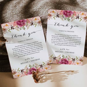 Nota de agradecimiento floral rosa para boda, carta de agradecimiento para boda, nota de agradecimiento floral, boda floral, descarga instantánea, Templett - WD1
