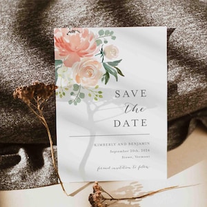 Carte "retenez cette date" pour mariage pêche et crème, faire-part de date de mariage, réservez cette date pour mariage, mariage floral, téléchargement immédiat, Templett-WD2