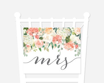 Peach And Cream Wedding Mr And Mrs Chair Sign, Wedding Chair Sign, Floral Chair Sign, Floral Wedding, Instant Download, Templett - WD2