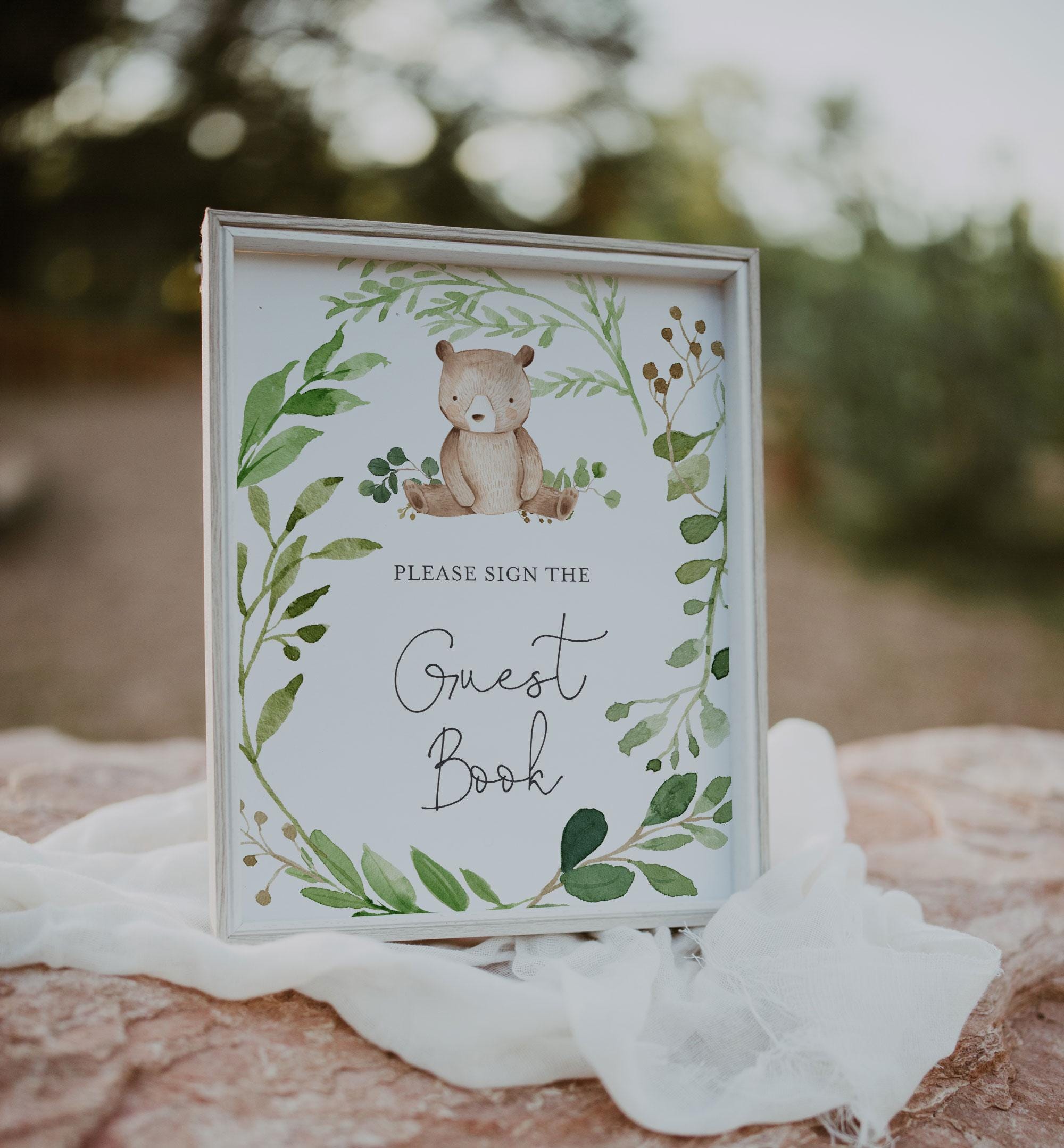 Adzt Altro Libro Ospiti Baby Shower A Tema Orso – Set 63 Pezzi Con Cornice, Scatola E 60 Fette Di Legno - 2