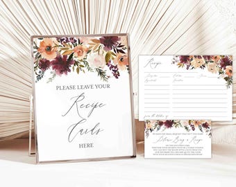 Burgundy Blush Bridal Shower Recipe Card, Bridal Shower Recipe Card, Floral Recipe Card, Recipe Card, Instant Download, Templett - BR3