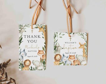 May include: Two thank you tags featuring a jungle animal theme. The tags are white with green leaves and gold accents. One tag reads "Thank You Michael's Baptism August 18, 2028" and the other tag reads "William's Baptism August 18, 2028".