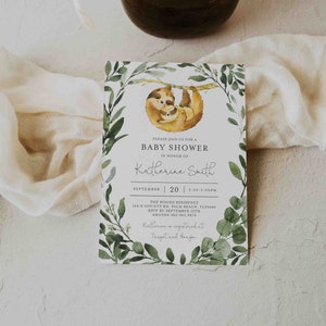 May include: A baby shower invitation with a watercolor illustration of a sloth and its baby hanging from a branch. The invitation is decorated with green leaves and has the text "Please join us for a baby shower in honor of Katherine Smith, September 20, 3:00-5:00PM, The Woods Residence, 144 N County Rd, Palm Beach, FL 33480, RSVP by September 15th, Amanda 360.965.9870, Katherine is registered at Target and Haagen."