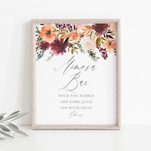 Burgundy Blush Bridal Shower Mimosa Bar Sign, Mimosa Bar Sign, Floral Mimosa Bar Sign, Printable Mimosa Bar, Instant Download, Templett- BR3