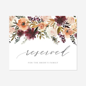 Burgundy Blush Wedding Reserved Sign, Reception Sign, Reserved Seat Sign, Floral Reserved Sign, Instant Download, Templett - WD3