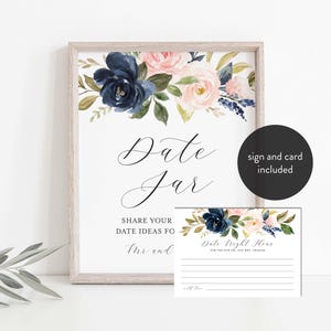 Ideias para um encontro romântico em tons de azul-marinho, Cartão com dicas para um encontro romântico em tons de azul-marinho e azul-marinho, Dicas para um casamento floral, Download instantâneo, Templatett - WD22