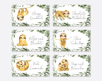 May include: Six printable cards featuring watercolor illustrations of sloths with greenery and text. The cards say "Sleepy Sandwich", "Chocolate Milkshake", "Pillow and Blanket", "Choco Cake Pops", "Pink Lemonade", and "Toigs and Branches".