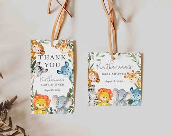 May include: Two thank you tags with a jungle animal theme. The tags are white with green leaves and a circle of jungle animals. The text on the tags reads "Thank You" and "Katherine's Baby Shower August 18, 2020".