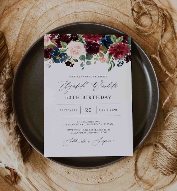 Burgundy Navy Adult Birthday Invitation, Floral Birthday Invitation, Floral Invitation, Flower Invitation, Instant Download, Templett - AB4
