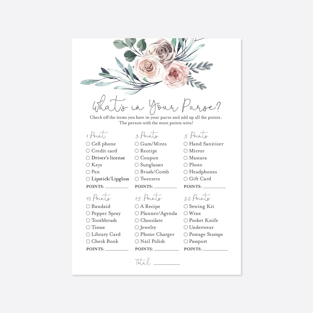 Boho Rose Baby Shower What's in Your Purse Game, Boho Rose What's in ...