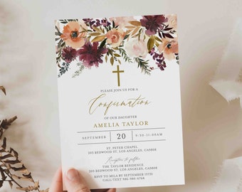 Burgundy Blush Konfirmationseinladung, Floral Einladung Konfirmation, Mädchen Einladung Konfirmation, Instant Download, Templett - RL3