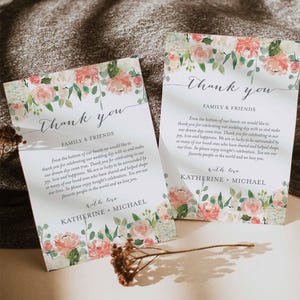 Nota de agradecimiento para boda en color melocotón y crema, carta de agradecimiento para boda, nota de agradecimiento floral, boda floral, descarga instantánea, Templett - WD2