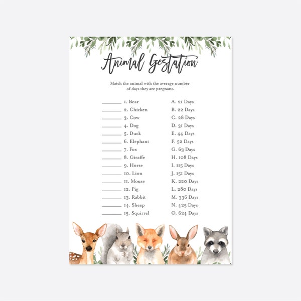 Woodland Baby Shower Animal Gestation Game, Woodland Gestation Game, Woodland Animal Gestation Game, Instant Download, Templett - BB17