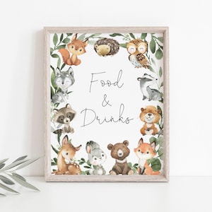 Woodland Baby Shower Food And Drinks Sign, Woodland Animals Food And Drinks Sign, Food And Drinks Sign, Instant Download, Templett - BB27