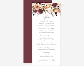 Burgundy Blush Wedding Menu Card, Wedding Dinner Menu Card, Floral Menu Card, Floral Wedding, Instant Download, Templett - WD3