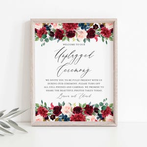 Burgundy Navy Wedding Unplugged Ceremony Sign, Wedding Welcome Sign, Floral Ceremony Sign, Floral Wedding, Instant Download, Templett - WD4