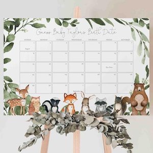 Woodland Baby Shower Due Date Calendar Game, Woodland Due Date Calendar Game, Woodland Guess The Birthday, Instant Download, Templett - BB15