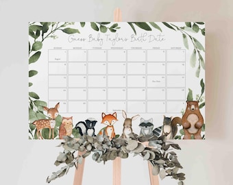 May include: A white calendar with a green leafy border and woodland animal illustrations. The calendar is titled "Guess Baby Taylor's Birth Date" and has the months of August and September.