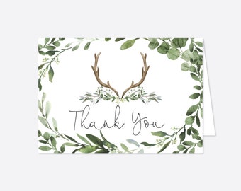 Deer Antler Thank You Note Baby Shower Birthday Party Deer Antler Thank You Card Teal Mint Gray Editable Template #953 Tribal Rustic