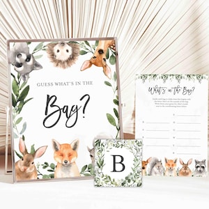 Woodland Baby Shower Guess What&#39;s In The Bag Game, Woodland What&#39;s In The Bag Game, Woodland Guess Bag Game, Instant Download, Templett-BB17