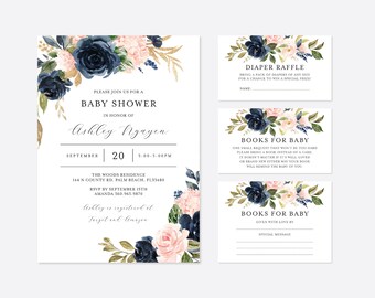 May include: A navy blue and blush pink floral baby shower invitation with gold accents. The invitation includes the date, time, and location of the shower, as well as the name of the guest of honor, Ashley Nguyen. The invitation also includes a diaper raffle card and a books for baby card.