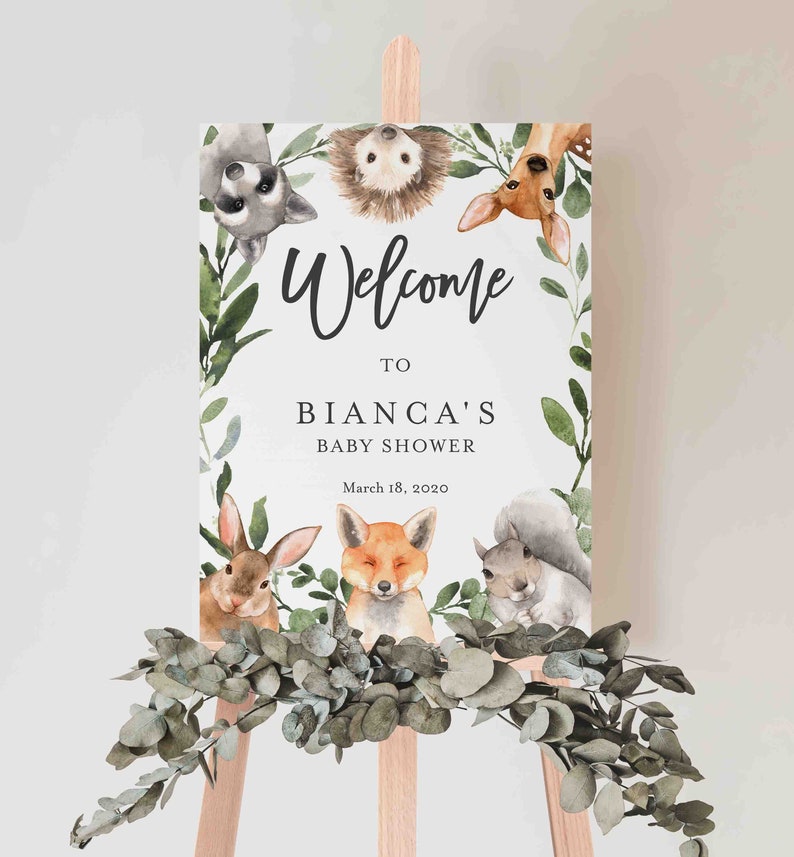 Woodland Baby Shower Welcome Sign, Woodland Welcome Sign, Forest Animals Welcome Sign, Baby Shower Sign, Instant Download, Templett BB17 image 1