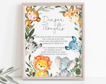 Może przedstawiać: Drukowana tablica z motywem dżungli na baby shower. Prezentuje różne zwierzęta z dżungli, w tym małpę, żyrafę, zebrę, nosorożca, lwa i słonia. Tablica zawiera napis "Diaper Thoughts" i zachęca gości do pisania wiadomości na pieluszkach dziecka.