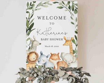 May include: Welcome to Katherine's Baby Shower sign with a watercolor illustration of a giraffe, zebra, lion, rhino, tiger, and elephant surrounded by green leaves. The date March 18, 2020 is printed below the text.
