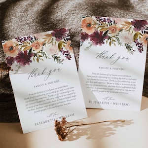 Nota de agradecimiento para boda en color burdeos, carta de agradecimiento para boda, nota de agradecimiento floral, boda floral, descarga instantánea, Templett - WD3