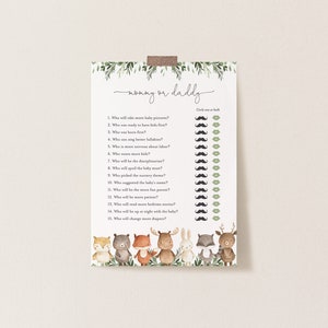 Woodland Baby Shower Mommy or Daddy Game, Woodland Mommy or Daddy Game, Woodland Animals Mom or Dad Game, download instantâneo, Templett - BB10