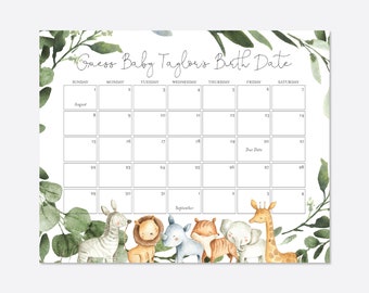 Safari Baby Shower Due Date Calendar Game, Safari Due Date Calendar Game, Jungle Due Date Calendar Game, Instant Download, Templett - BB8