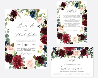Burgundy Navy Wedding Invitation Suite, Wedding Invitation Set, Wedding Invitation Bundle, Floral Invitation, Instant Download, Templett-WD4