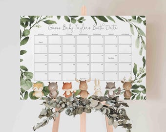 May include: A white printable calendar with a leafy green border and woodland animal illustrations. The calendar is titled "Guess Baby Taylor's Birth Date" and has the months of August and September.