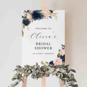 Navy Blush Bridal Shower Welcome Sign, Navy Welcome Sign, Bridal Shower Poster, Floral Welcome Sign, Instant Download, Templett - BR22