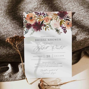 Burgundy Blush Bridal Shower Invitation, Bridal Shower Invitation, Bridal Shower Invite, Floral Invitation, Instant Download, Templett - BR3