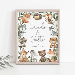 Bord bos babyshower kaarten en cadeaus, bord bos kaarten en cadeaus, kaart bos dieren en cadeau, direct downloaden, Templett - BB27