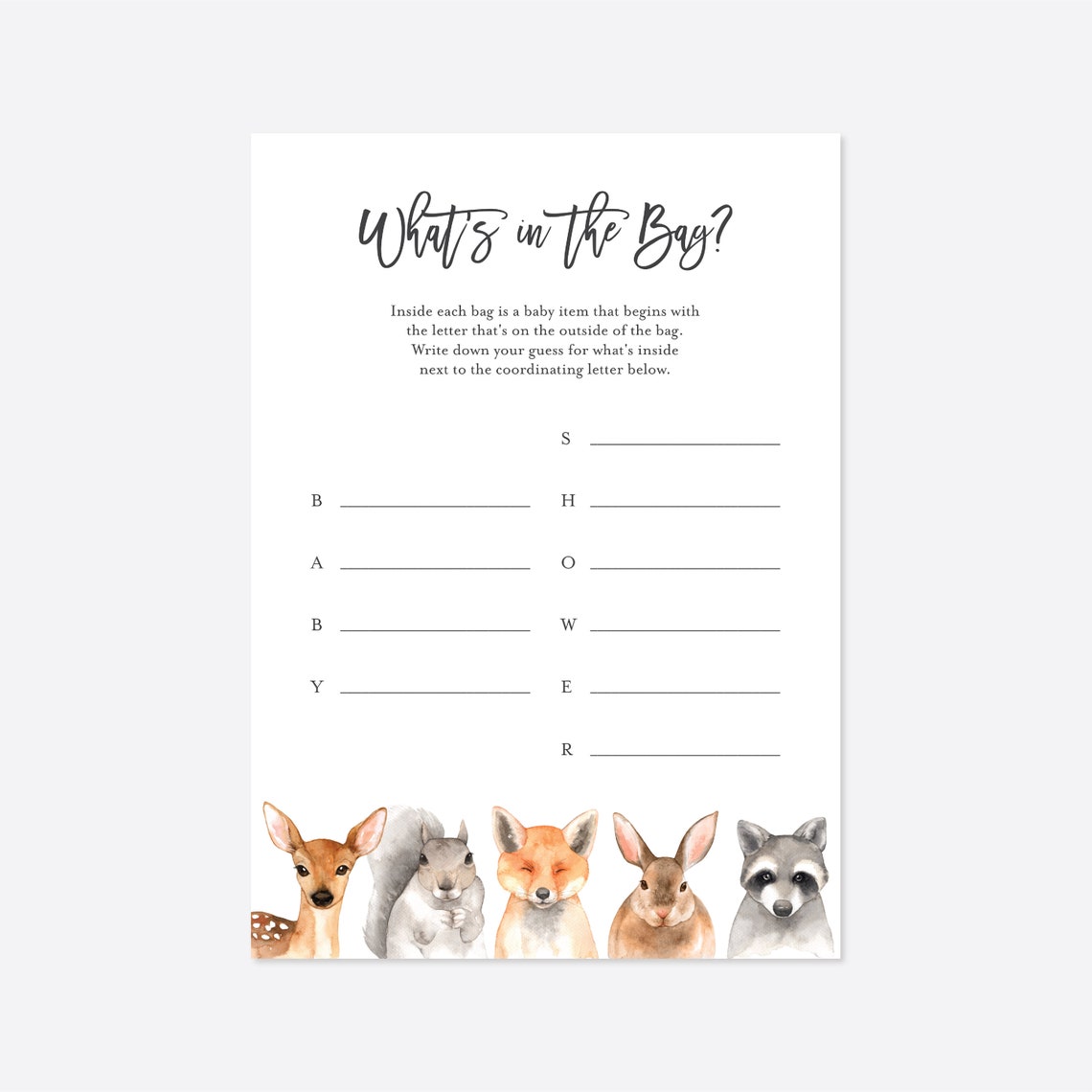 Woodland Baby Shower Guess What's in the Bag Game Etsy