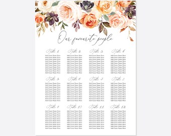Autumn Wedding Seating Chart, Fall Wedding Seating Chart, Wedding Seating Sign, Floral Seating Chart, Instant Download, Templett - WD25