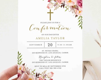 Pink Floral Confirmation Invitation, Floral Confirmation Invitation, Girl Confirmation Invitation, Instant Download, Templett - RL1