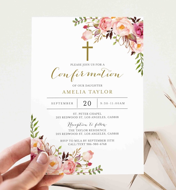 Pink Floral Confirmation Invitation, Floral Confirmation Invitation, Girl Confirmation Invitation, Instant Download, Templett - RL1