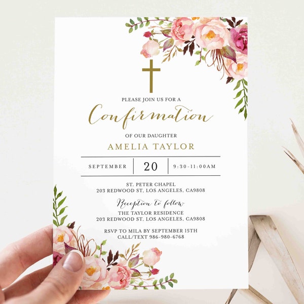 Pink Floral Confirmation Invitation, Floral Confirmation Invitation, Girl Confirmation Invitation, Instant Download, Templett - RL1
