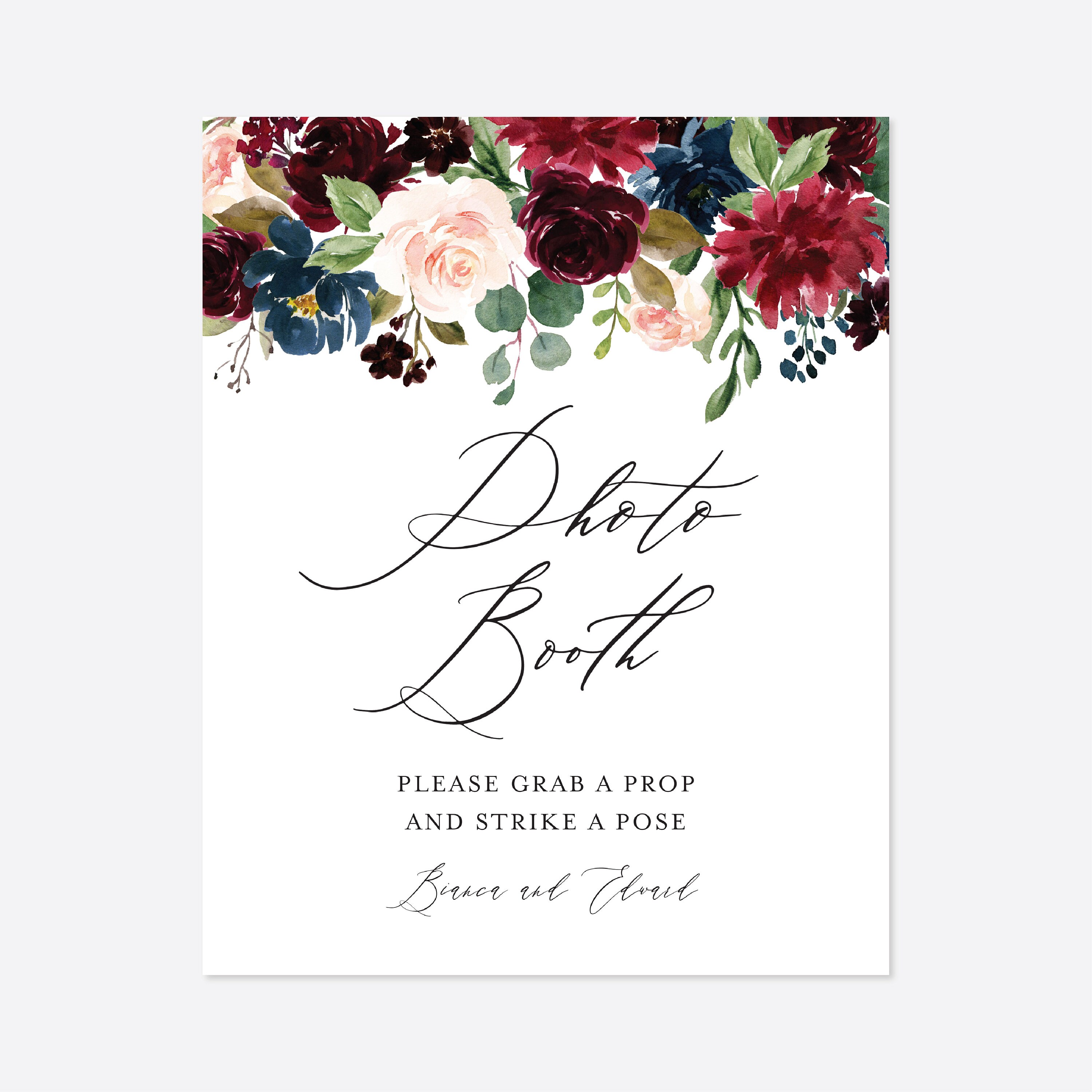 Burgundy Navy Wedding Photo Booth Sign Wedding Photo Booth Props Floral Photo Booth Sign Floral Wedding Instant Download