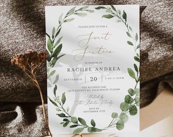 May include: A white invitation with a green watercolor wreath border. The text reads "Please join us for a Sweet Sixteen in honor of Rachel Andrea, September 20, 3:00-5:00PM, The Blushed Oak, 144 N County Rd, Palm Beach, FL33480, Hosted by The Roberts Family, RSVP by September 15th."